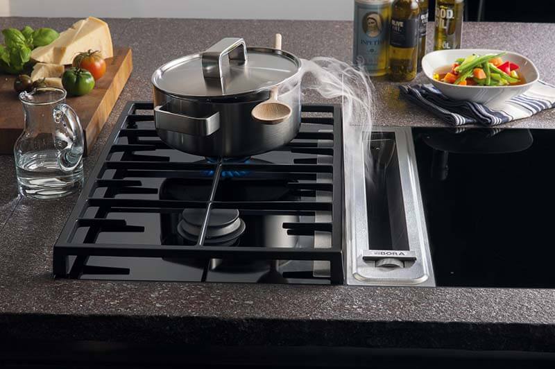 Schatz-Tuttlingen-Kochen-Küche-Kochfeld-Dampfabzug-Bora Designer-Kochfeld von Bora, Gas, mit integriertem Dampfabzug, Dampf wird nach unten abgezogen